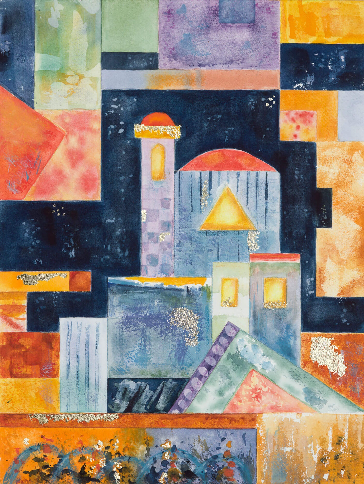 Original watercolour painting (with gold leaf) by Clare Davies Art, From the Magic Castle Collection. This cool blue castle brings harmony and order to a busy mind. The gold leaf (only applied to the original) adds opulence and hints at treasures to be found and adventures to be had.
