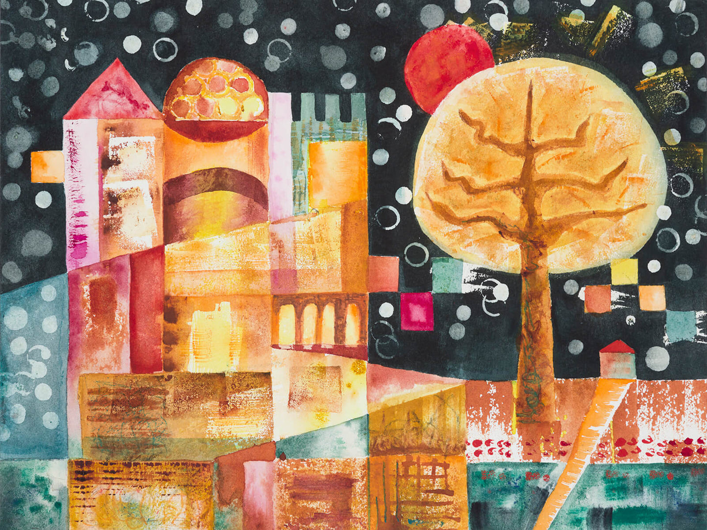 Giclée print of original watercolour painting, celebrating a cosy festive winter. This semi-abstract tree of life sits adjacent a vibrant, magical castle and imbues good tidings on all who visit.