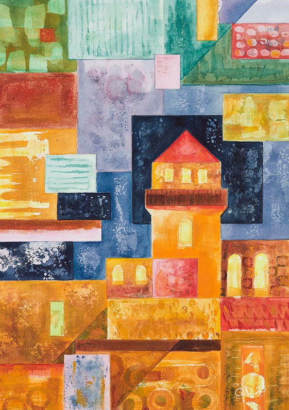 Magic Castle Collection, four colourful and uplifting art prints from original watercolour paintings by Clare Davies Art. Inspired by childhood reading and memories of fantasy adventures to imaginary castles seeking treasure. This Magic Castle – Gold print has its own colour therapy, uplifting the mind like the morning sun and brings peace.
