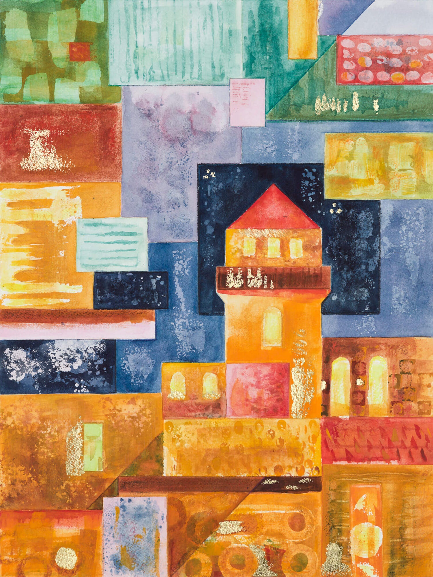 Original watercolour painting (with gold leaf) by Clare Davies Art, From the Magic Castle Collection. This golden castle uplifts the mind like the morning sun and brings peace. The gold leaf (only applied to the original) adds opulence and hints at treasures to be found and adventures to be had.