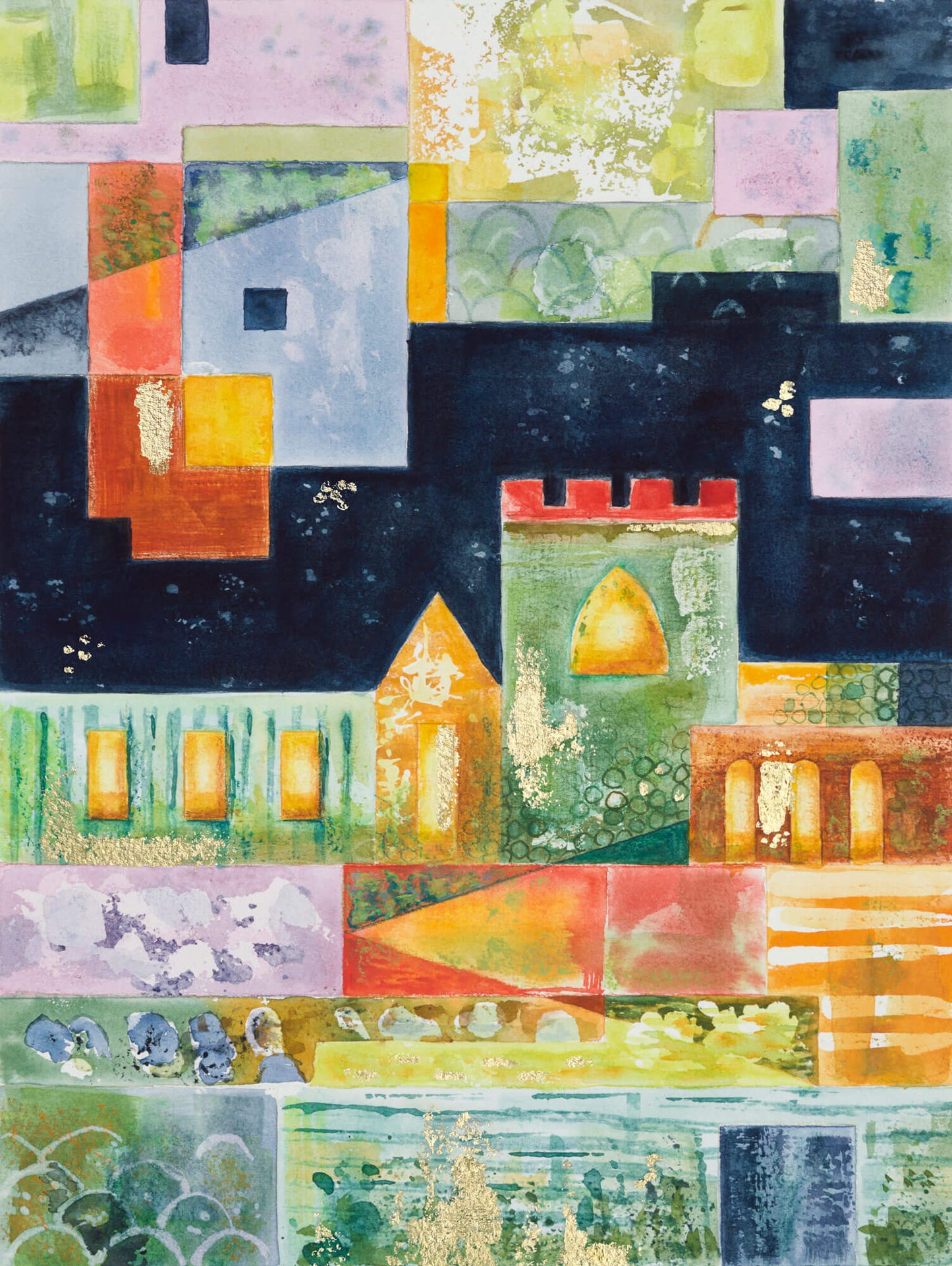 Original watercolour painting (with gold leaf) by Clare Davies Art, From the Magic Castle Collection. This serene green castle calms the mind and feels fresh, happy, and intriguing. The gold leaf (only applied to the original) adds opulence and hints at treasures to be found and adventures to be had.