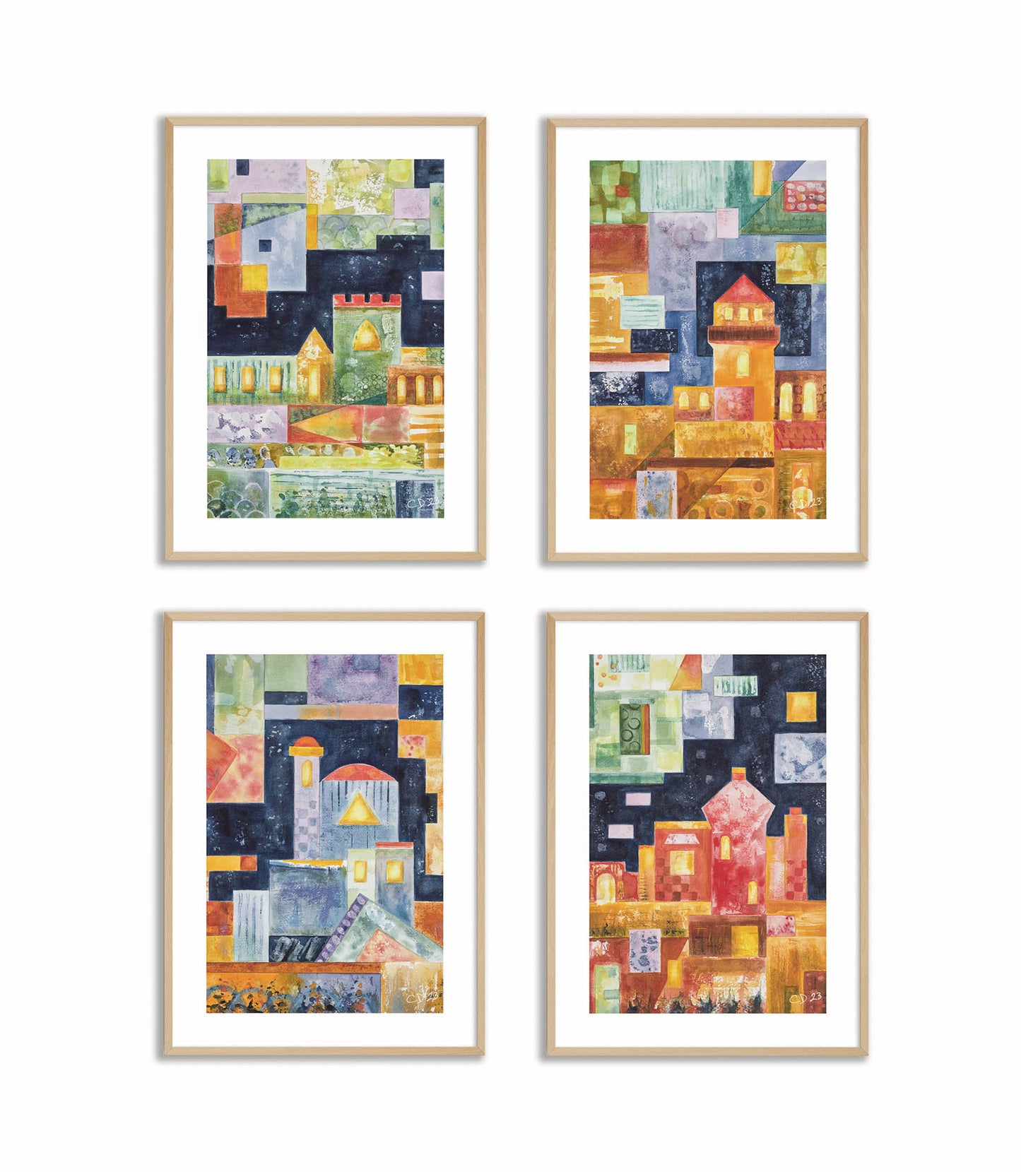 Magic Castle Collection, four colourful and uplifting prints from original watercolour paintings by Clare Davies Art. Inspired by childhood reading and memories of fantasy adventures to imaginary castles seeking treasure. Each print has its own colour therapy, representing a different sense of wellbeing or courage. They are inspiring, uplifting, or reminiscent of your own childhood adventures. Balance (green), Inspiration (gold), Clarity (blue), Courage (red).