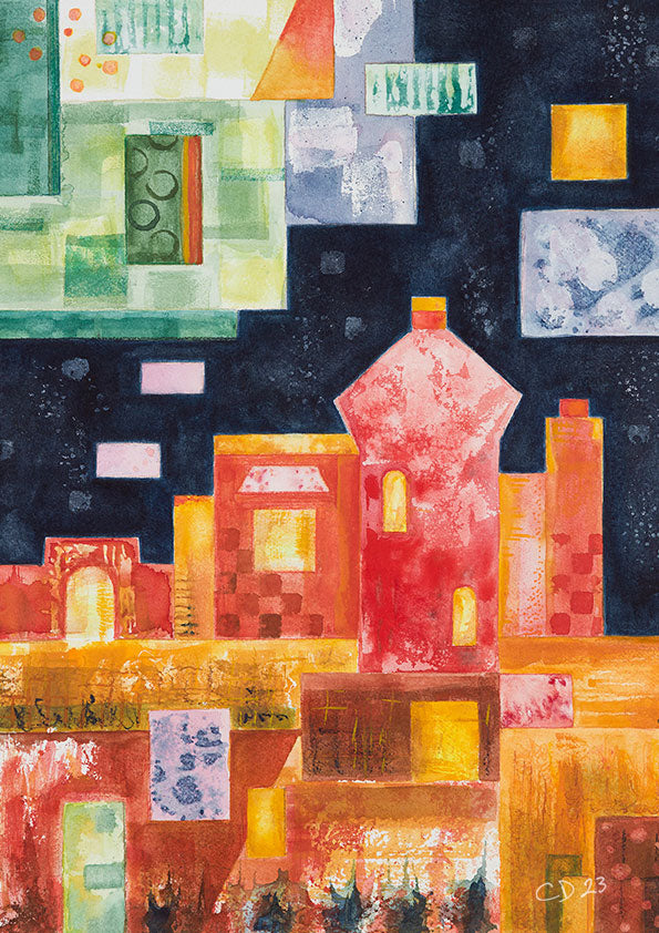 Magic Castle Collection, four colourful and uplifting art prints from original watercolour paintings by Clare Davies Art. Inspired by childhood reading and memories of fantasy adventures to imaginary castles seeking treasure. This Magic Castle – Red print is hot and has its own colour therapy, bringing energy, courage and flow to your mind.
