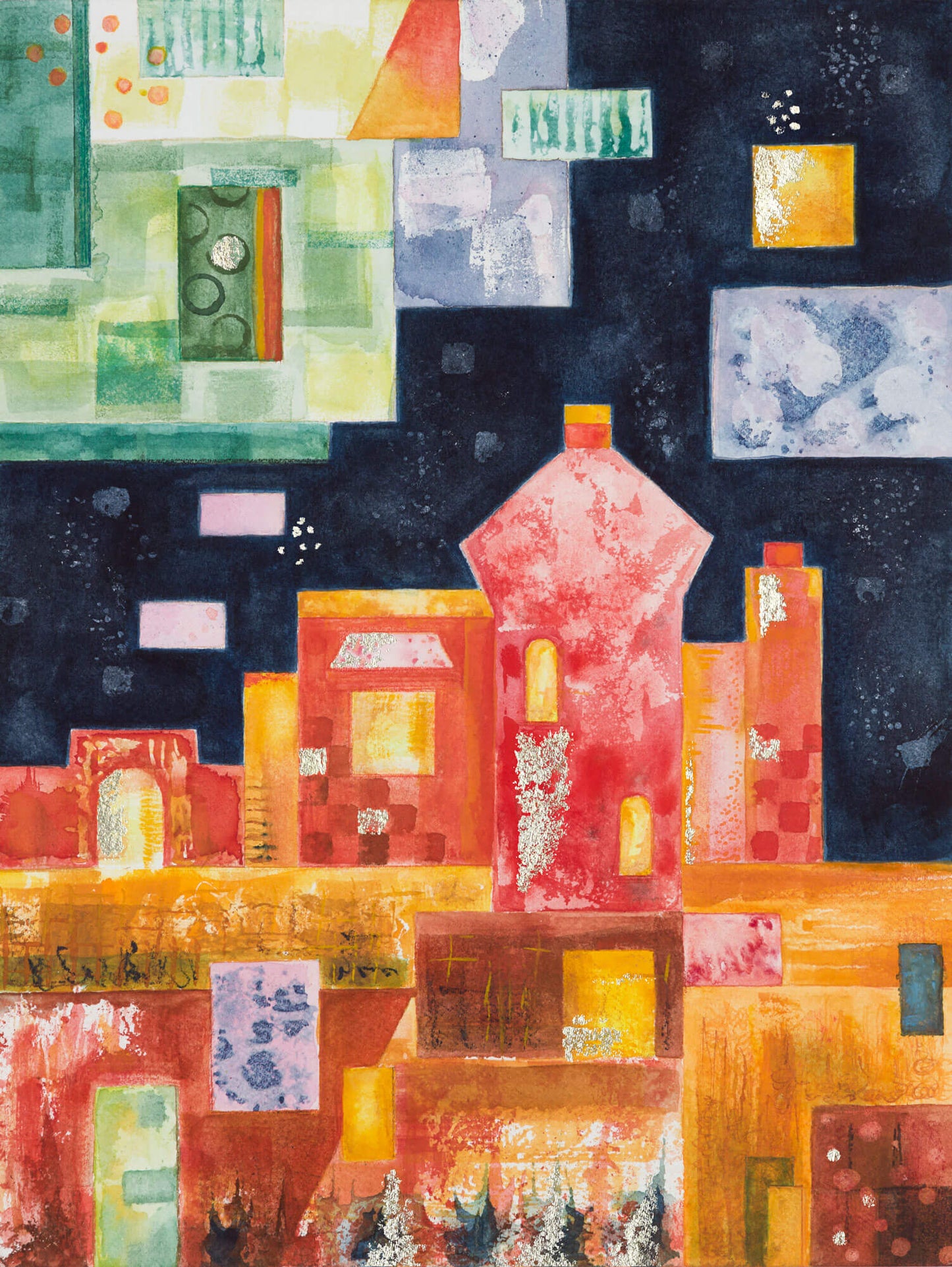 Original watercolour painting (with gold leaf) by Clare Davies Art, From the Magic Castle Collection. This red hot castle brings energy and flow to your mind. The gold leaf (only applied to the original) adds opulence and hints at treasures to be found and adventures to be had.