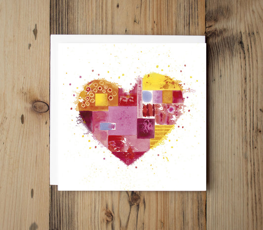 Square greeting card, The Colours of Love. From an original watercolour painting by Clare Davies Art. Colour therapy:  red for passion, pink for compassion, yellow for happiness, orange for playfulness and blue for serenity. Valentine, wedding, friendship or anniversary card. Blank inside.