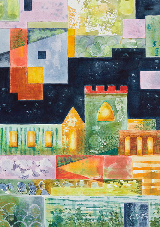 Magic Castle Collection, four colourful and uplifting art prints from original watercolour paintings by Clare Davies Art. Inspired by childhood reading and memories of fantasy adventures to imaginary castles seeking treasure. This Magic Castle – Green print is serene and has its own colour therapy, calms the mind and feels fresh, happy, and intriguing.