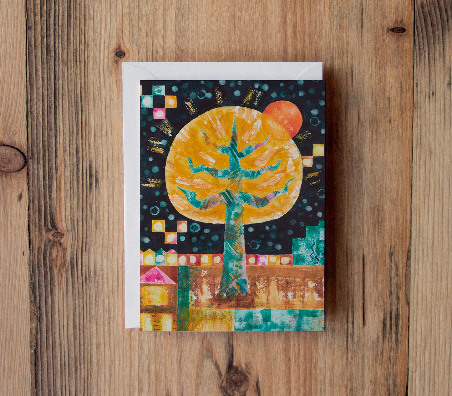 A6 greeting card, Tree of Life – Turquoise. From an original watercolour painting by Clare Davies Art. Colour therapy: turquoise gives energy and awakens the mind. The painting is vibrant and uplifting. Birthday card, blank inside. Any occasion card.